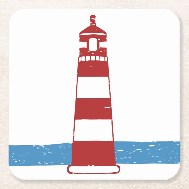 Nautical Lighthouse Red And White Stripes, Wedding Square Paper Coaster (Front)