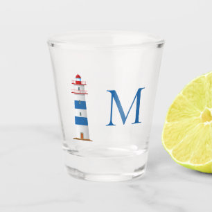 Nautical Lighthouse Red White Blue Monogram Shot Glass