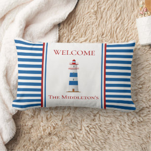 Nautical Lighthouse Red White Blue Stripes Lumbar Cushion