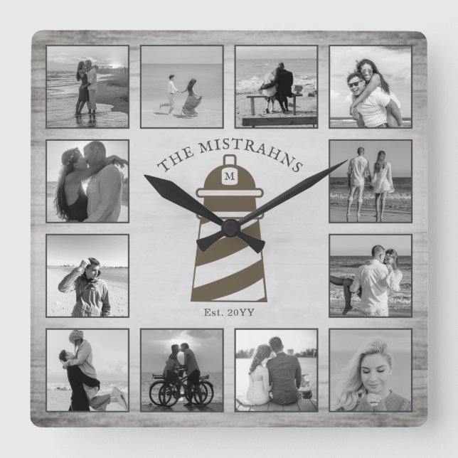 Nautical Lighthouse Rustic Wood Black White Photos Square Wall Clock (Front)