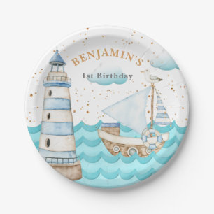 Nautical Lighthouse Sailboat Birthday Paper Plate