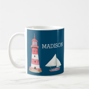 Nautical Lighthouse Sailboat Name Red White Blue Coffee Mug
