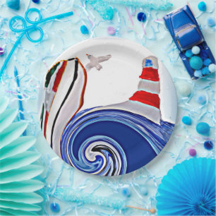Nautical Lighthouse Sailing Boat Paper Plate