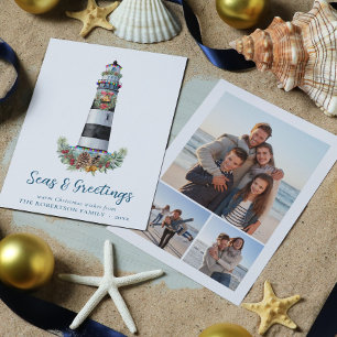 Nautical Lighthouse Seas and Greetings 3 Photo Holiday Card