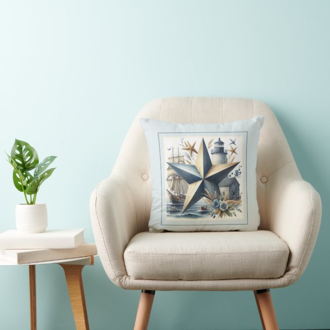 Nautical Lighthouse, Ship, Star and Starfish  Cushion (Chair)