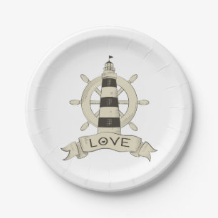 Nautical Lighthouse & Ship Wheel Tan Wedding Love Paper Plate