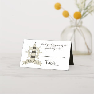 Nautical Lighthouse Ship Wheel Wedding Brown Black Place Card