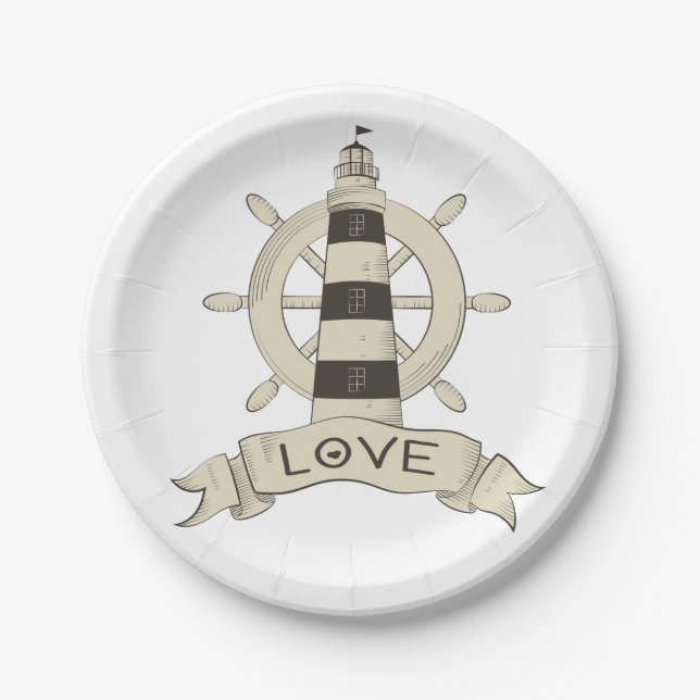 Nautical Lighthouse & Ship Wheel  Wedding Party Paper Plate (Front)