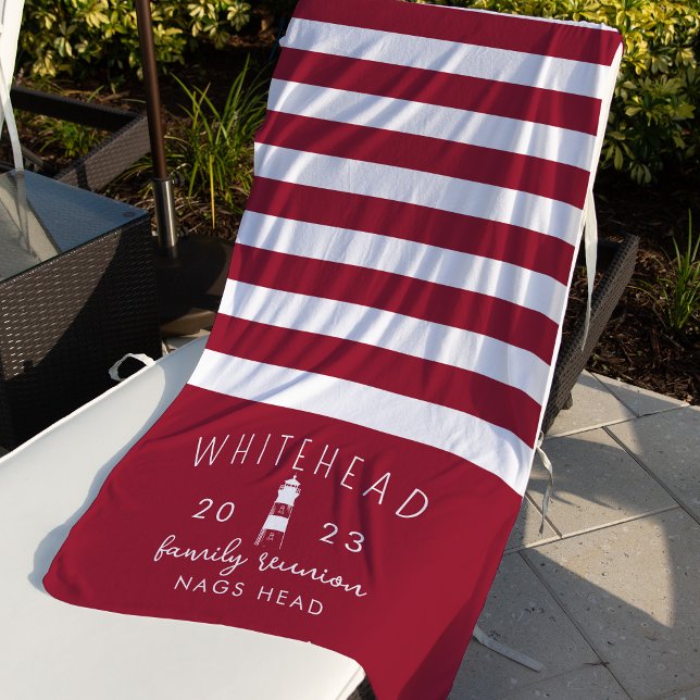 Nautical Lighthouse Stripe Red Monogram Beach Towel (Creator Uploaded)