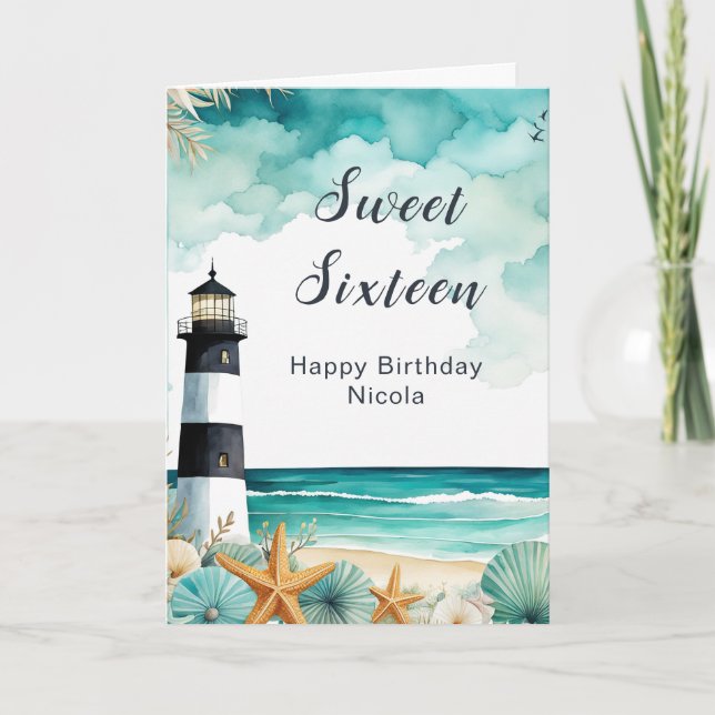Nautical Lighthouse Sweet Sixteen Birthday Card (Front)