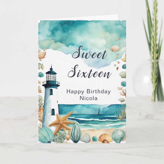 Nautical Lighthouse Sweet Sixteen Birthday Card (Front)