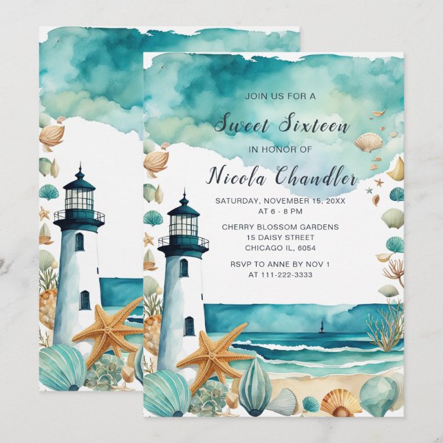 Nautical Lighthouse Sweet Sixteen Birthday Invitation (Front/Back)