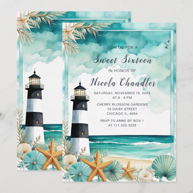 Nautical Lighthouse Sweet Sixteen Birthday Invitation (Front/Back)