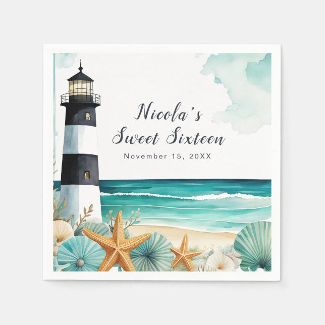 Nautical Lighthouse Sweet Sixteen Birthday Napkin (Front)