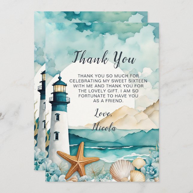 Nautical Lighthouse Sweet Sixteen Birthday Thank You Card (Front/Back)