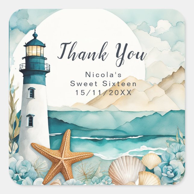 Nautical Lighthouse Sweet Sixteen Square Sticker (Front)