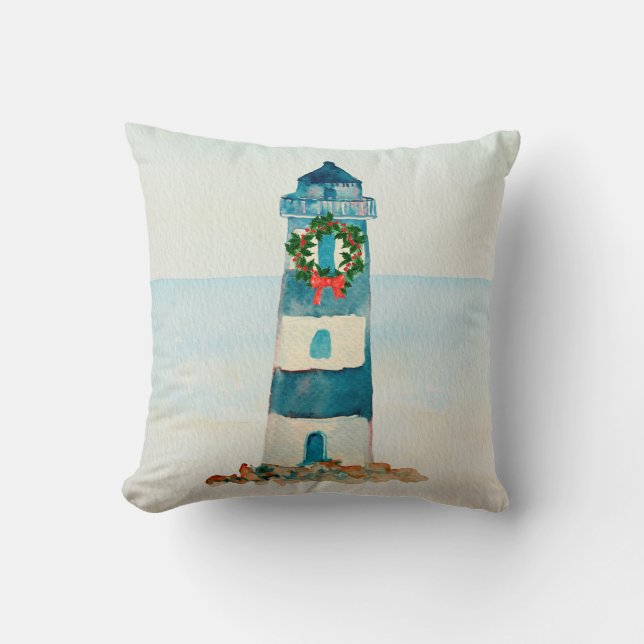Nautical Lighthouse Watercolor Christmas pillow (Front)