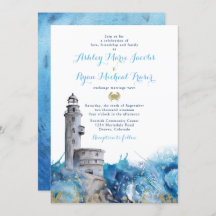 Nautical Lighthouse Waves Wedding Invitation