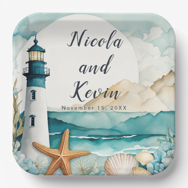 Nautical Lighthouse Wedding  Paper Plate (Front)