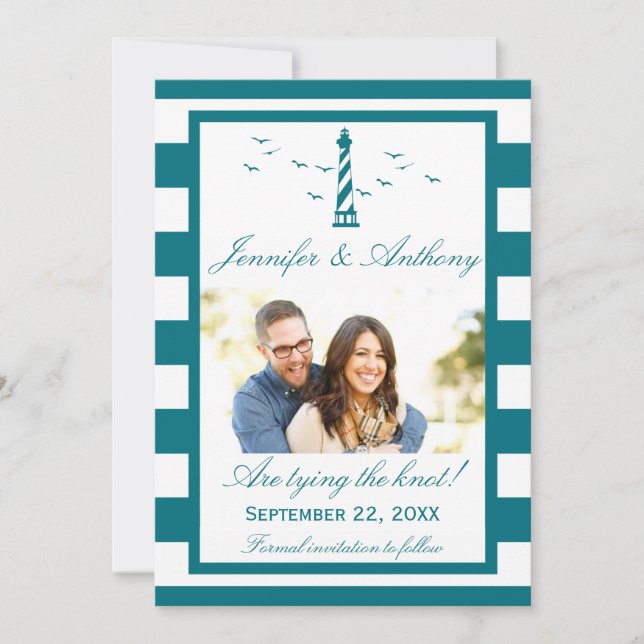 Nautical Lighthouse Wedding Photo Save The Date (Front)