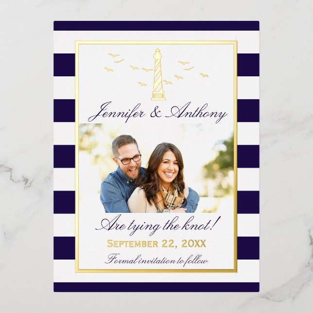 Nautical Lighthouse Wedding Photo Save The Date Foil Invitation Postcard (Front)