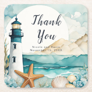 Nautical Lighthouse Wedding Square Paper Coaster