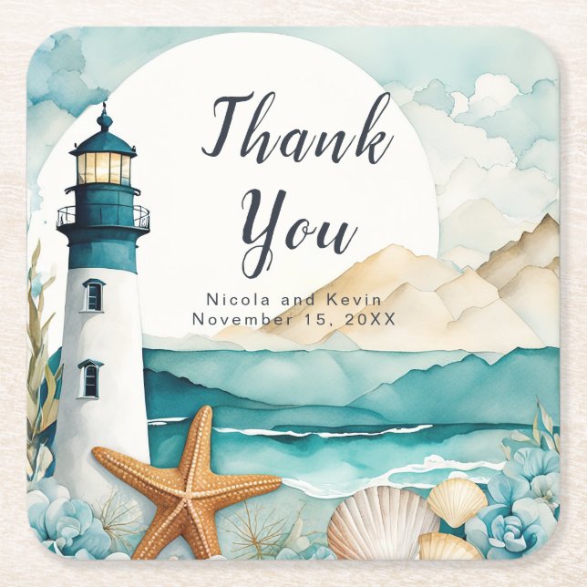 Nautical Lighthouse Wedding  Square Paper Coaster (Front)