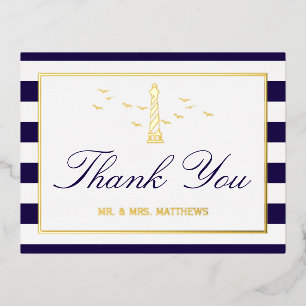 Nautical Lighthouse Wedding Thank You Real Foil Foil Invitation Postcard