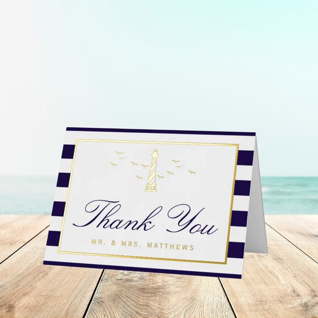 Nautical Lighthouse Wedding Thank You Real Foil Greeting Card (Creator Uploaded)