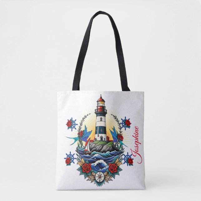 Nautical Lighthouse White Floral Red Blue  Tote Bag (Front)