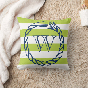 Nautical lime green stripe navy blue rope monogram cushion