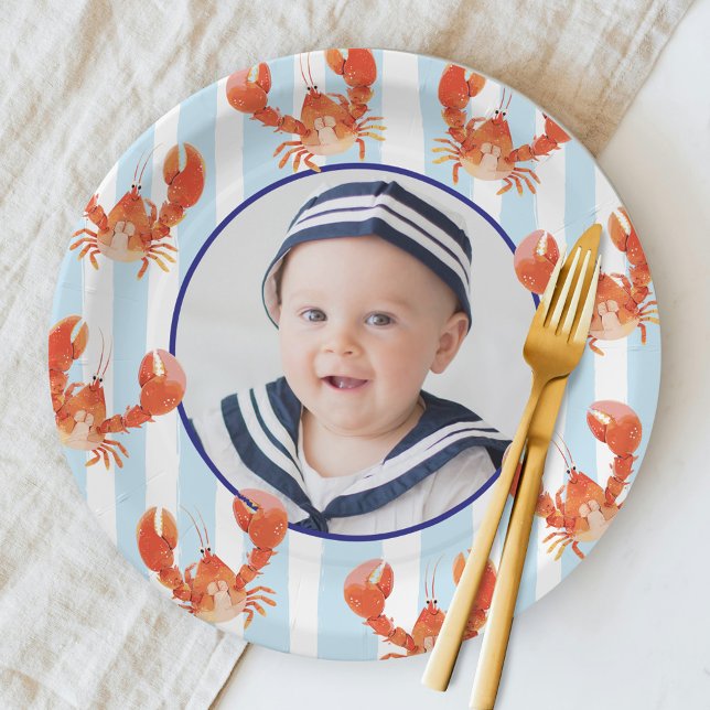 Nautical Lobster Kids Birthday Photo Paper Plate (Creator Uploaded)