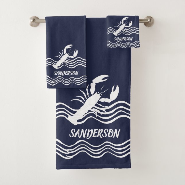 Nautical Lobster Navy Blue white Bath Monogram Bath Towel Set (Insitu)
