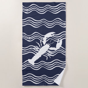 Nautical Lobster Navy Blue White Wave Stripes Beach Towel