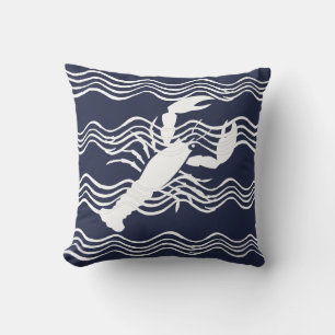 Nautical Lobster Navy Blue White Wave Stripes Cushion