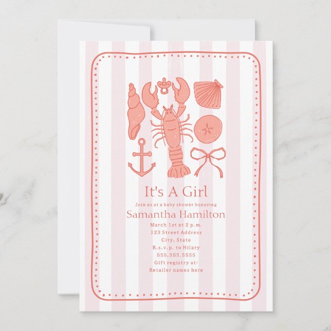 Nautical Lobster Shells Pink Bow Girl Baby Shower Invitation (Front)