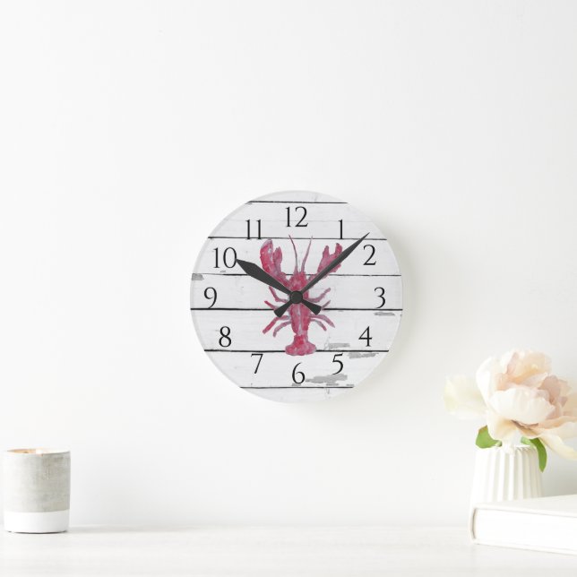 Nautical Lobster Shiplap Rustic Decor Round Clock (Home)