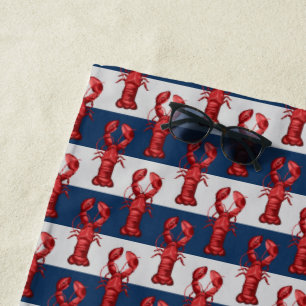 Nautical Lobsters on Navy Blue and Grey Stripes Beach Towel