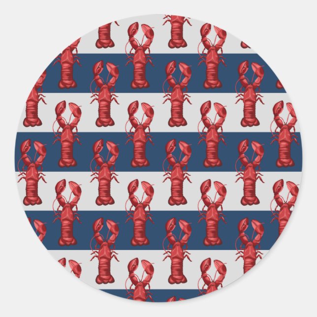 Nautical Lobsters on Navy Blue and Grey Stripes Classic Round Sticker (Front)
