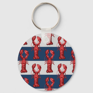 Nautical Lobsters on Navy Blue and Grey Stripes Key Ring