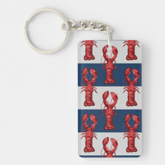 Nautical Lobsters on Navy Blue and Grey Stripes Key Ring