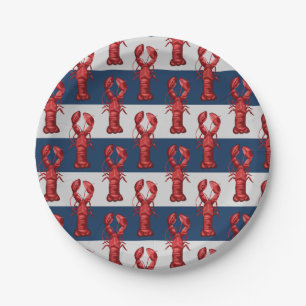 Nautical Lobsters on Navy Blue and Grey Stripes Paper Plate