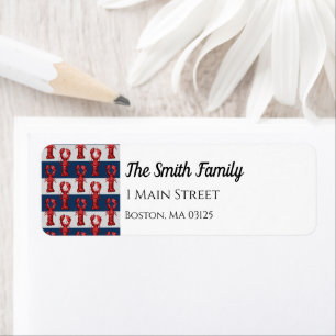 Nautical Lobsters on Navy Blue and Grey Stripes Return Address Label
