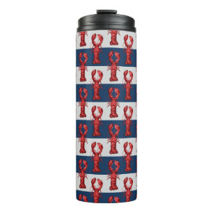 Nautical Lobsters on Navy Blue and Grey Stripes Thermal Tumbler