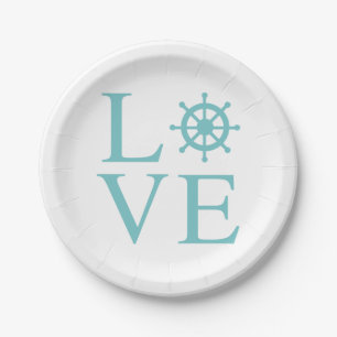 Nautical Love Ship Wheel Blue Teal Paper Plate
