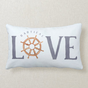 Nautical LOVE Watercolor Typography + Ship's Wheel Lumbar Cushion