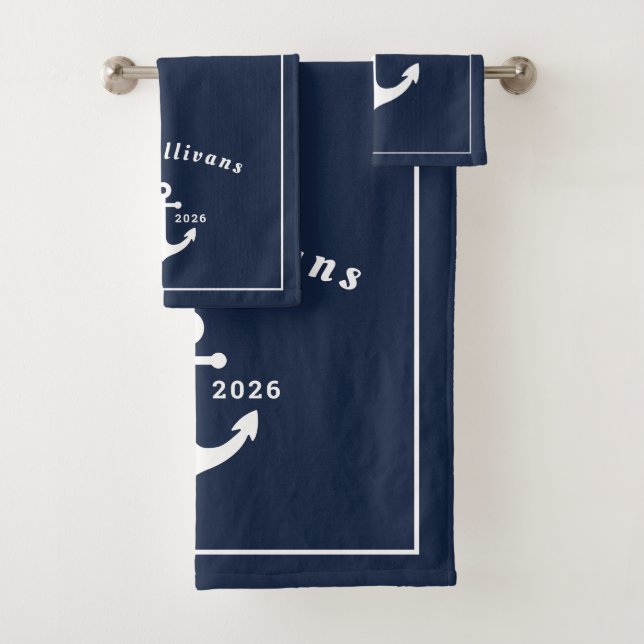 Nautical Luxury Navy Blue Anchor Custom Monogram Bath Towel Set (Insitu)