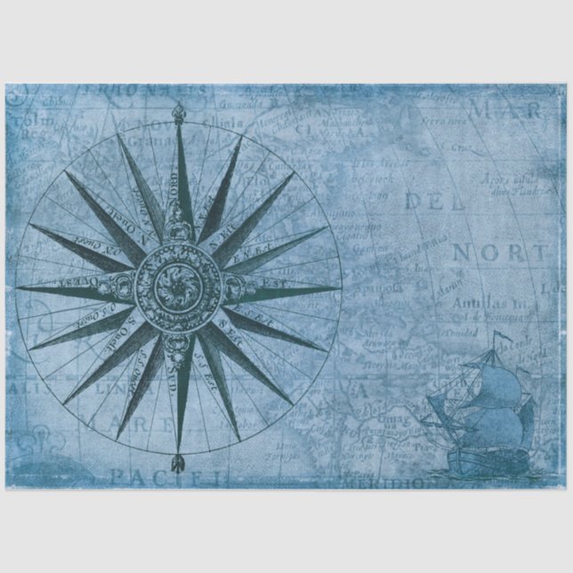Nautical Map Sailboat Compass Decoupage Blue Tissue Paper (Front)