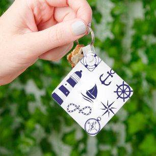 Nautical Marine Elements Navy Blue Coastal Icons Key Ring