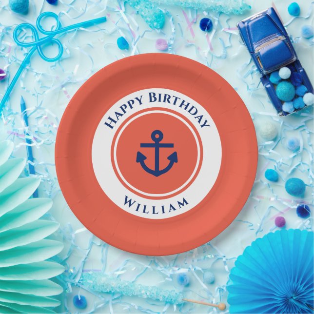 Nautical Marine Navy Blue Orange White Birthday Paper Plate (Party)